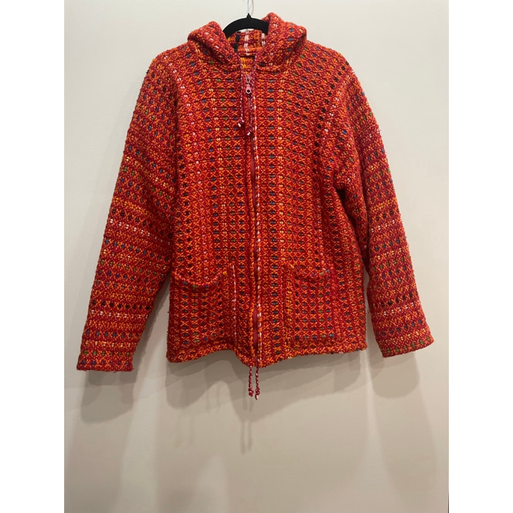 Vintage Rainbow Knit Hooded Cardigan Jacket Mens L Boho Festival Grunge Hippy